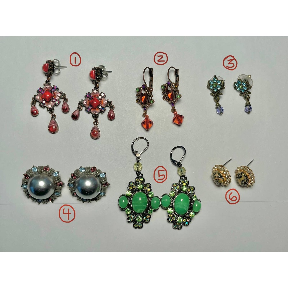 6 Pairs Vintage Costume Jewelry Earrings Rhinestone Faux Pearls Bumblebee Jasper
